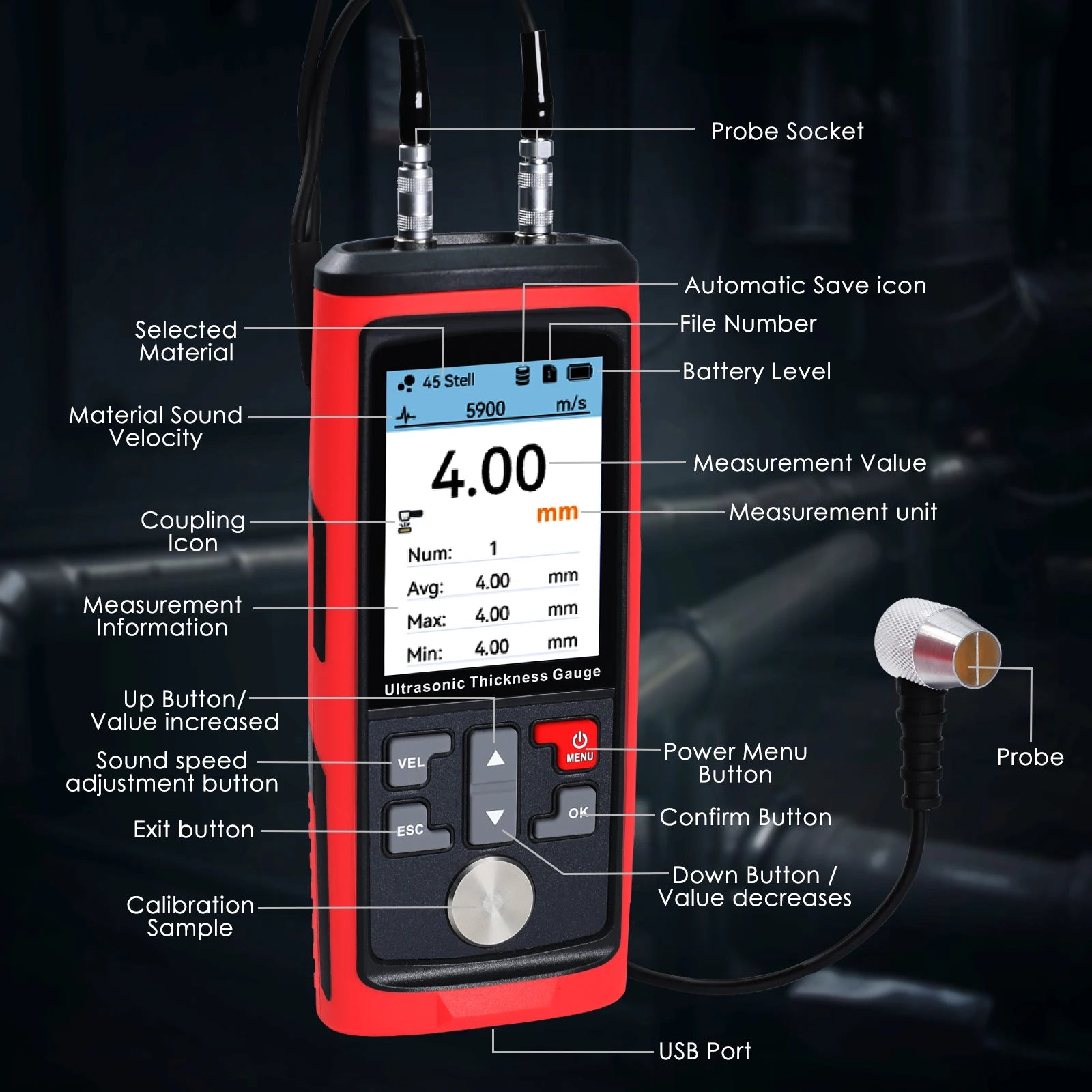 Ultrasonic Thickness Gauge - CTM-444 with Colour screen & Data-logger