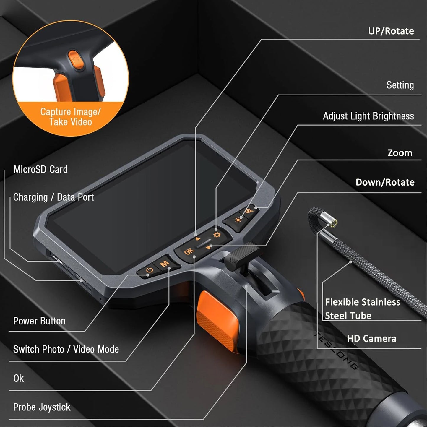 TESLONG TD450S Articulating Borescope 4.5 Inch IPS LCD Monitor