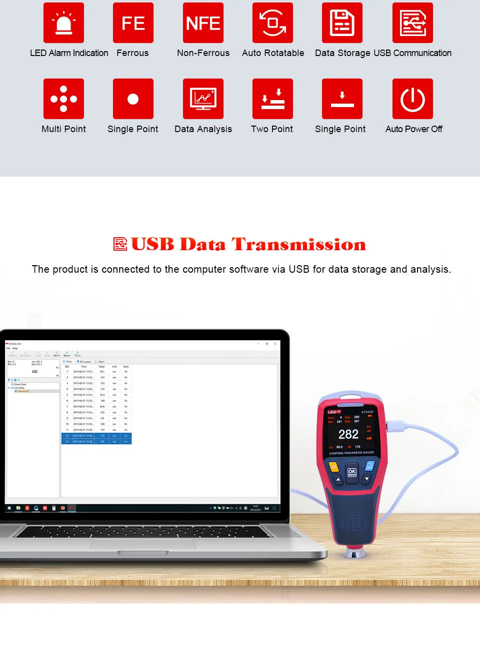 UNI-T UT343D Digital Coating Thickness Gauge FE/NFE