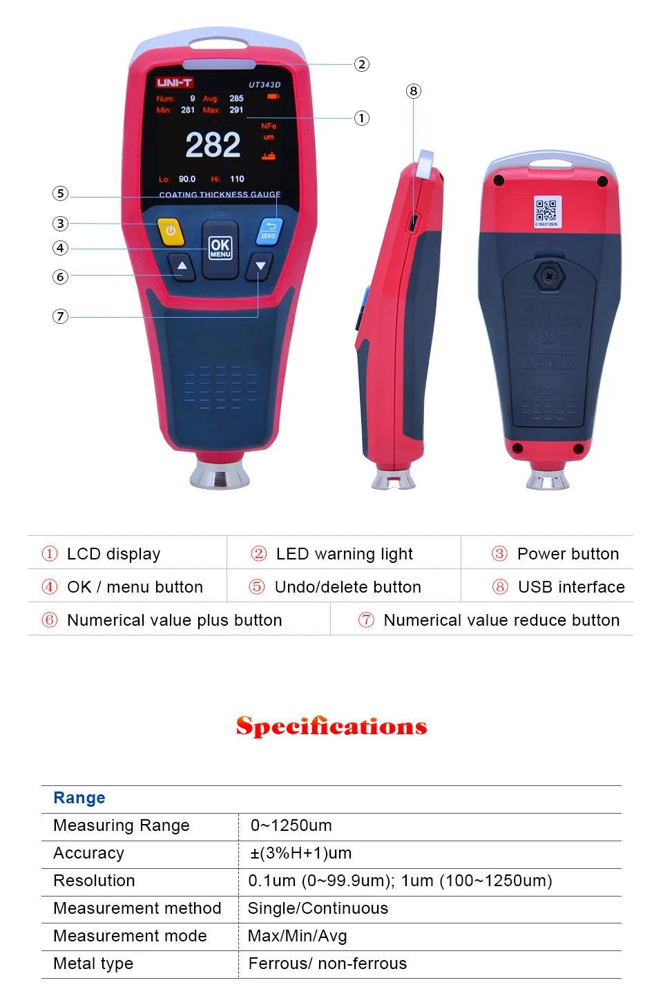 UNI-T UT343D Digital Coating Thickness Gauge FE/NFE