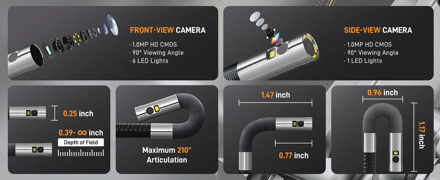 Borescope - Industrial Inspection Camera 6.5mm Dual Lens 4-Way Joystick Articulation
