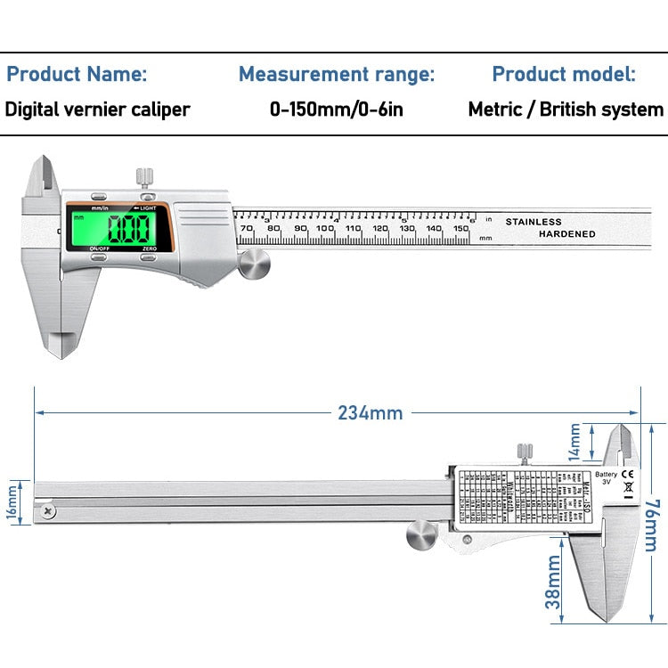 Vernier Caliper 0-150mm - Stainless Steel LCD Digital IP54