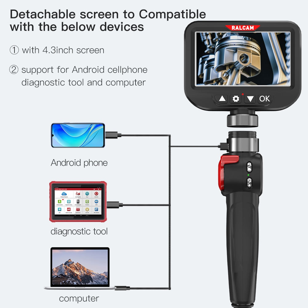 Borescope Inspection Camera - 4.3" IPS LCD Screen Two Way 360° Steering 6.2mm or 8.5mm Lens