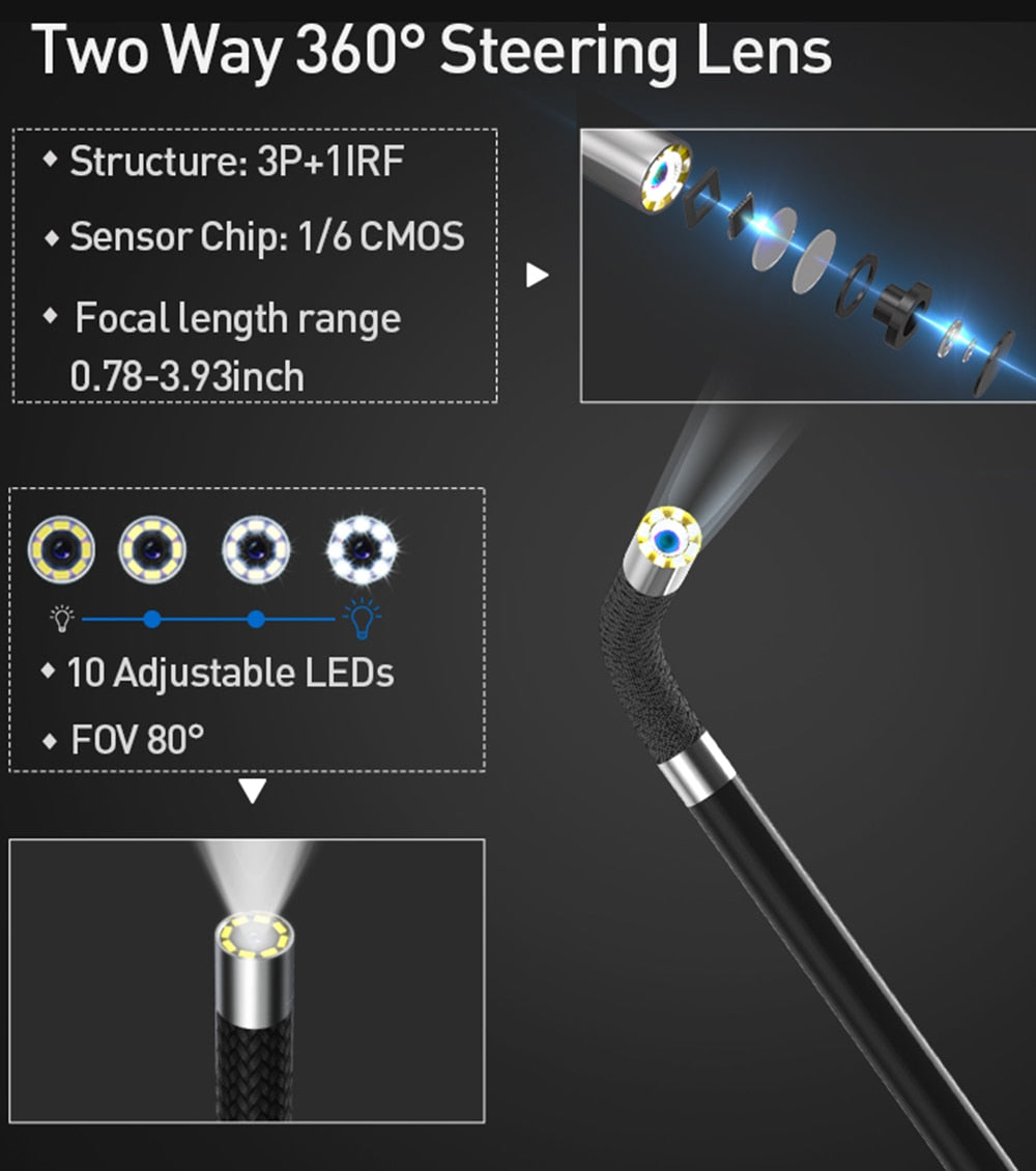Borescope Inspection Camera - 4.3" IPS LCD Screen Two Way 360° Steering 6.2mm or 8.5mm Lens