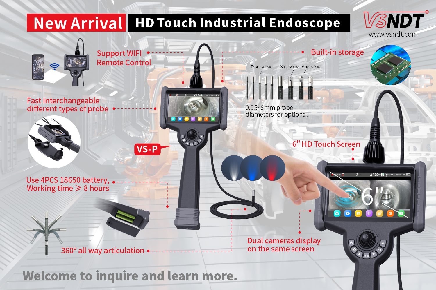 Borescope - VS-P Series 6in 1080P Touchscreen LCD with Front LED Articulating Probe