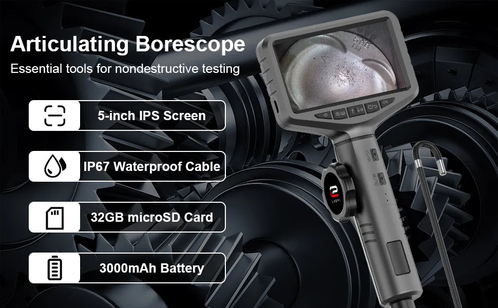 Borescope Inspection Camera - 5-inch IPS Color Screen Two-Way Single Lens Articulating Camera