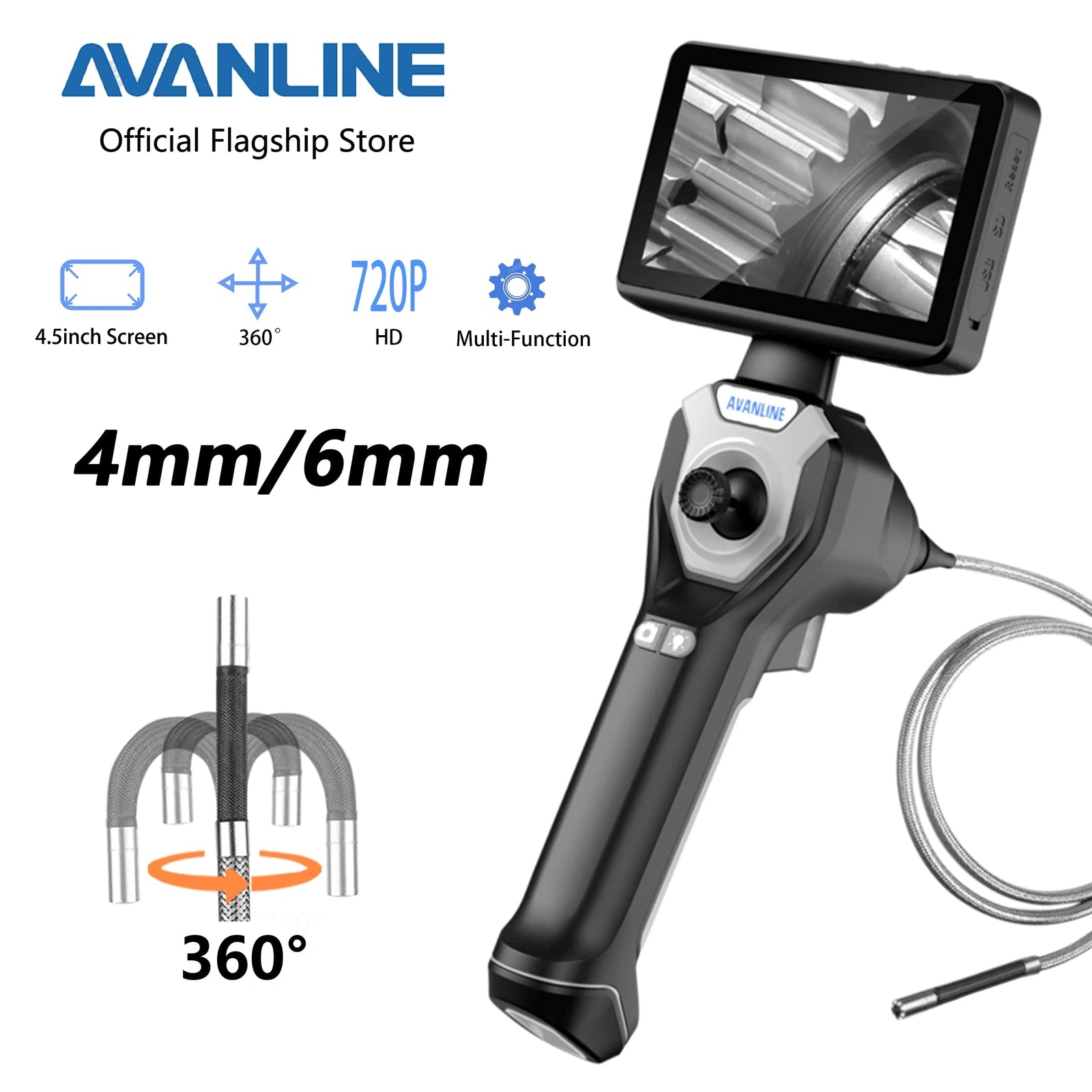 Borescope Inspection Camera - Avanline 360° Articulating Borescope 4.5inch 4/6mm 1M probe