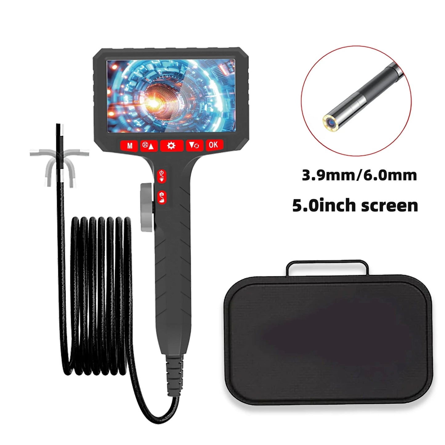 Borescope - 5 Inch Screen, 3.9/6.0/8.0mm Camera, HD 1080P with LED