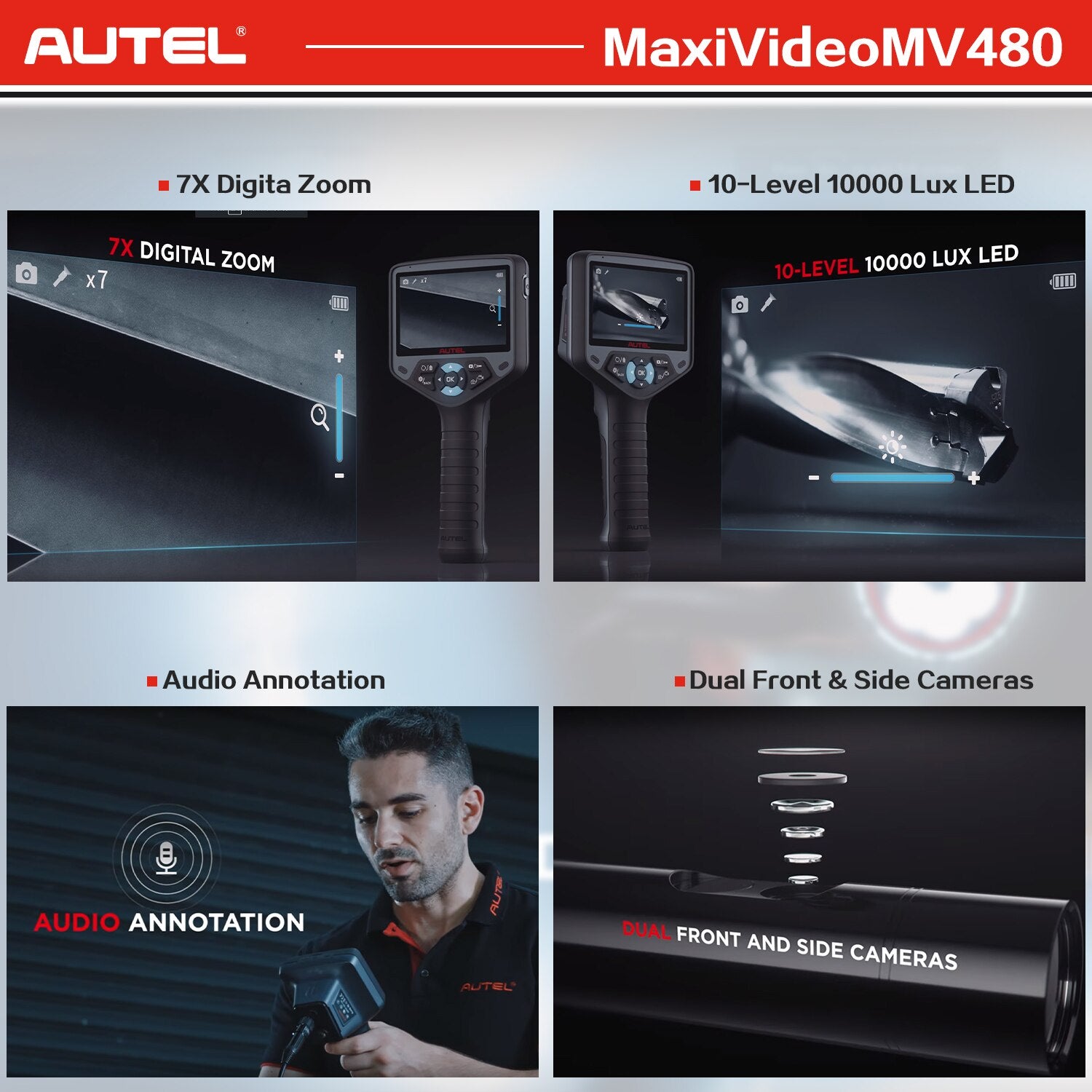 Borescope Inspection Camera - Autel MaxiVideo MV480 4.1" Digital Videoscope Dual Lens