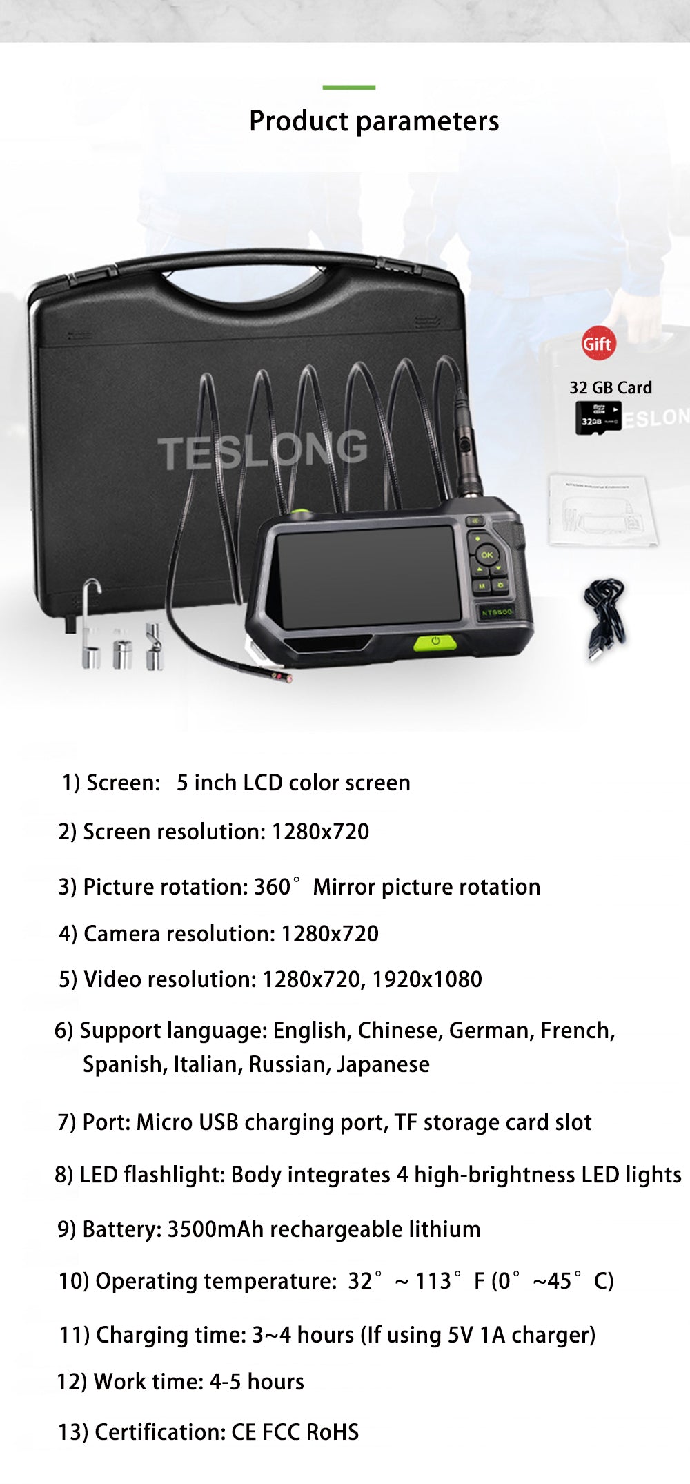 Borescope Inspection Camera - Teslong NTS500 5in LCD Monitor