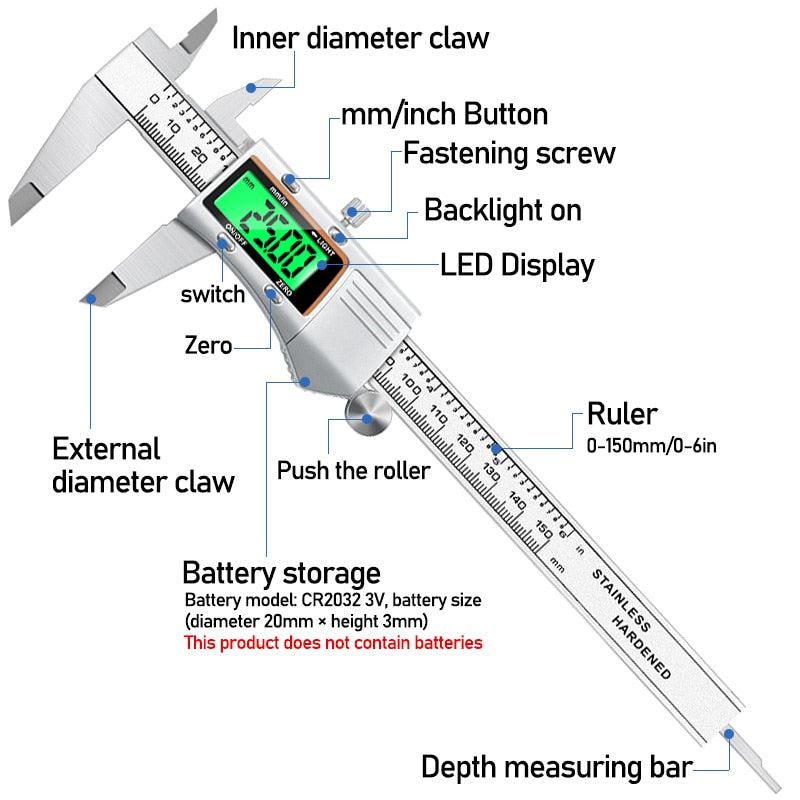Vernier Caliper 0-150mm - Stainless Steel LCD Digital IP54
