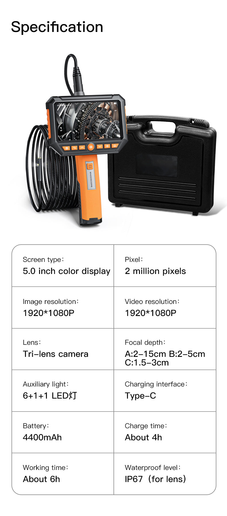 Borescope Inspection Camera - 8mm Triple Lens Handheld Endoscope Camera with 5 "IPS LCD Monitor & WiFi