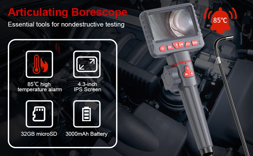 Borescope Inspection Camera - 4.3" Screen with 2 Way 180 Degree 6mm or 8mm waterproof probe