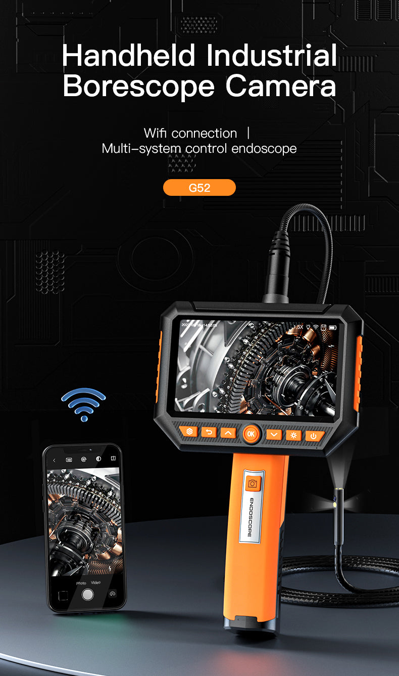 Borescope Inspection Camera - 8mm Triple Lens Handheld Endoscope Camera with 5 "IPS LCD Monitor & WiFi
