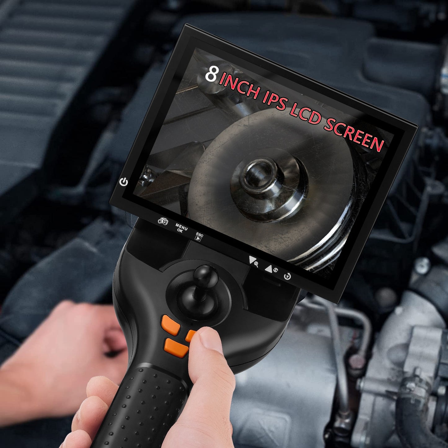 Borescope Inspection Camera - 8in display 720° 4-Way Rotation Articulating IP67 Probe with 8x LED Lights