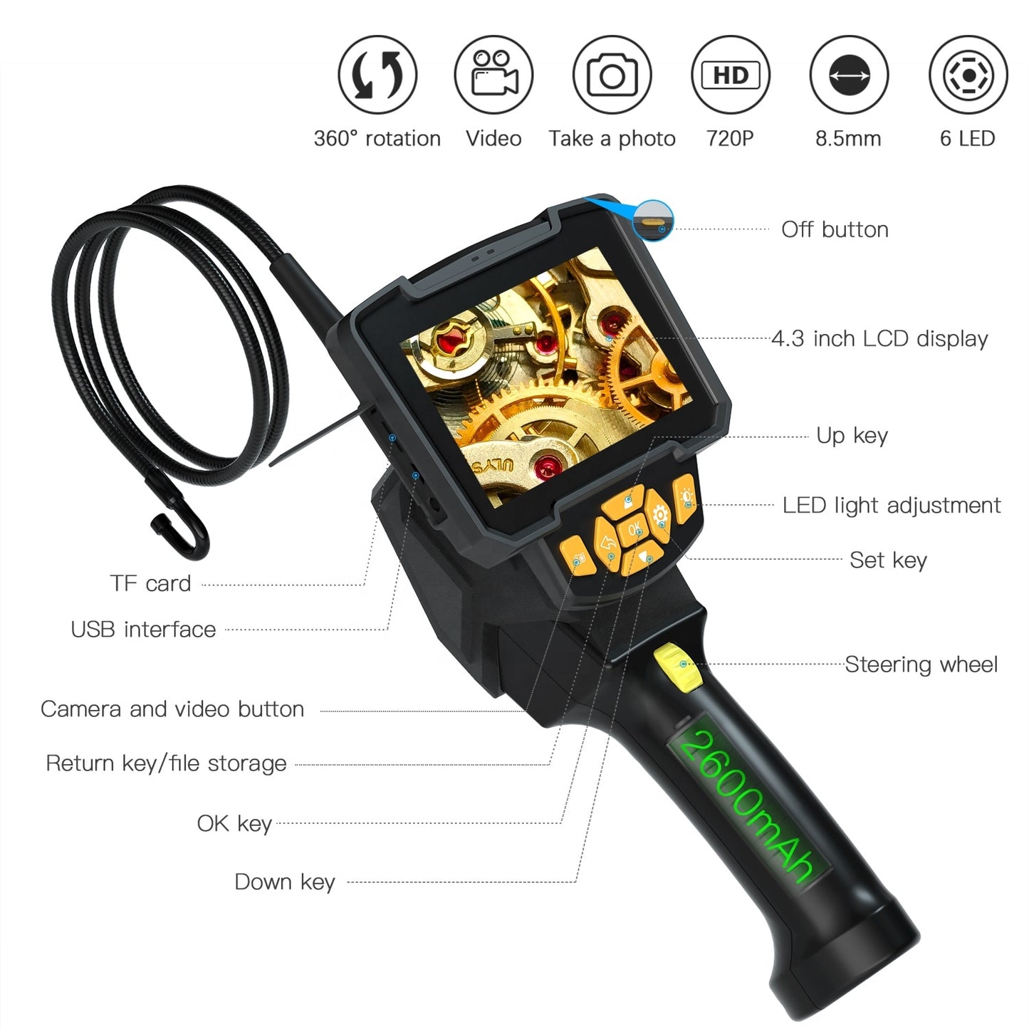 Borescope Inspection Camera - 4.3in screen with 180/360 Degree Rotation